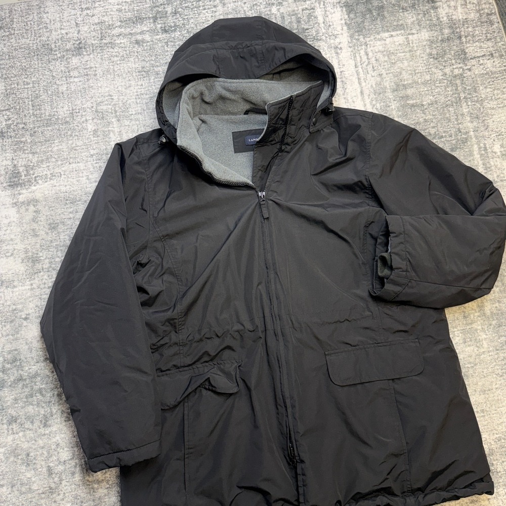 Lands End Squall Parka Jacket Womens XL Black Fleece Lined Wind Waterproof Hood